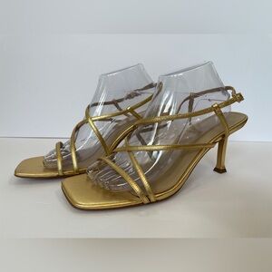 Ann Taylor Gold Leather Strappy Sandals Womens Size 10 High Heel Square Toe